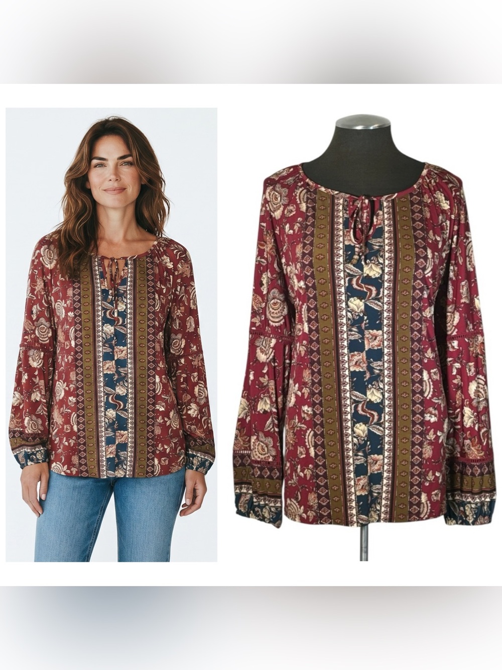 Westport – Mixed Pattern Long Sleeve Stretch Peasant Blouse – Extra Large XL